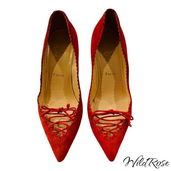CHRISTIAN LOUBOUTIN “SCALOPUMP” 85 RED SUEDE SCALLOP TRIM LACE UP TIE HEELS 37.5 - Picture 3 of 17